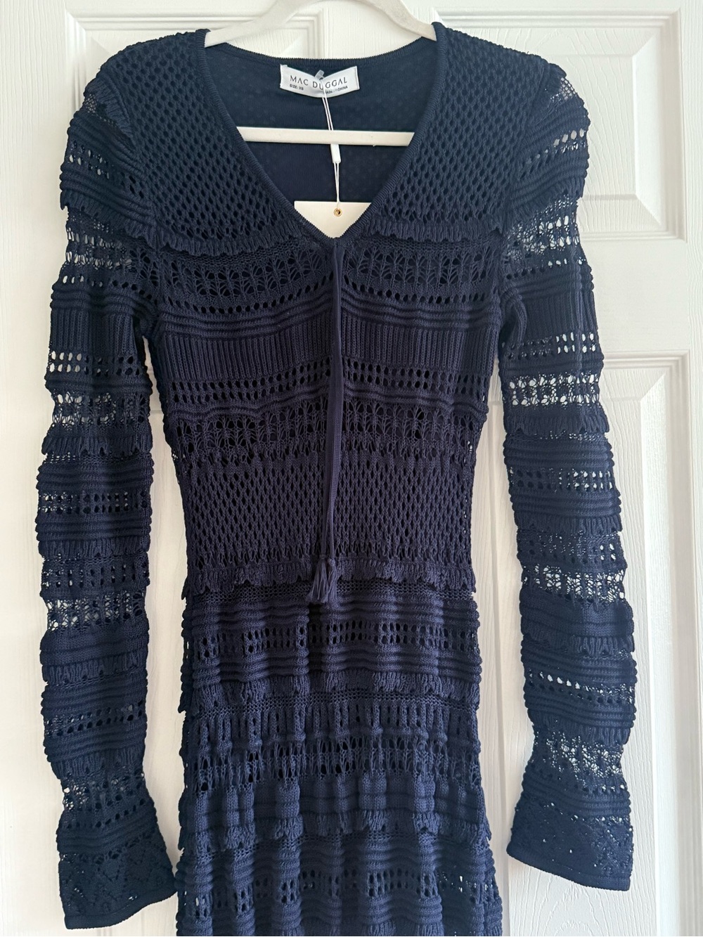 Mac Duggal Navy Crochet-Knit Maxi Dress